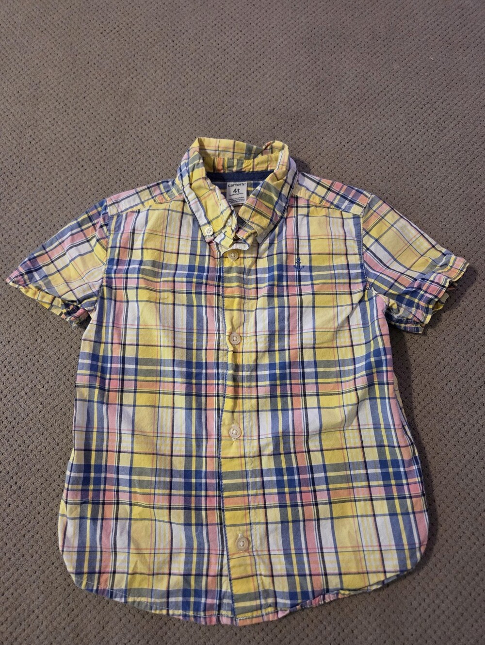 Carters 4T Short Sleeve Button Down Yellow Blue Pink White checkered Plaid Shirt